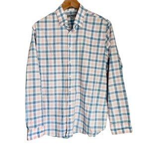 Express Men’s Fitted Light Blue And Pink & White Plaid long Sleeve Collard Shirt